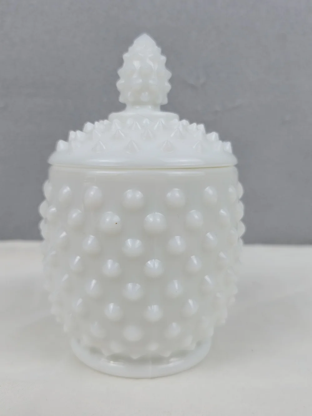 Vintage Fenton White Milk Glass Hobnail Jam / Jelly Jar with Lid & Spoon